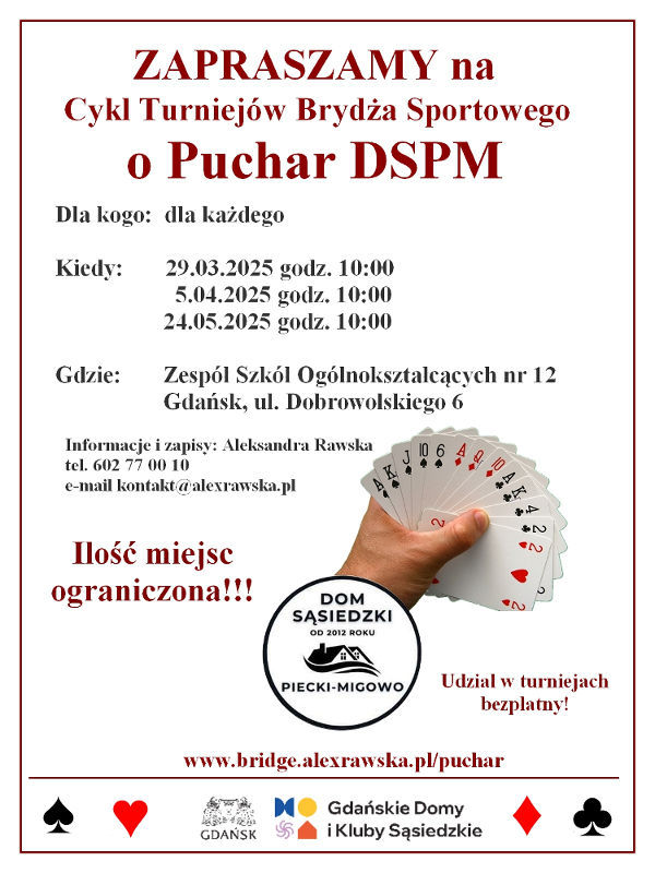 Sobotnie turnieje brydżowe o puchar Domu Sasiedzkiego
