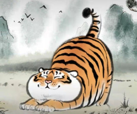 Przeciągający się kotek z chińskiego obrazka